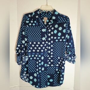 Chico's Blue and White Roll Up Sleeve Button Down Shirt Size 0-Small